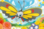  beautifly blue_eyes blue_sky bug butterfly cloud cloudy_sky creature day flower flying full_body gen_3_pokemon grass insect nature no_humans official_art outdoors pokemon pokemon_(creature) pokemon_trading_card_game sky solo third-party_source 
