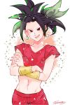  1girl :d abs bare_arms black_eyes black_hair bracelet collarbone cowboy_shot crop_top crossed_arms d89im dragon_ball dragon_ball_super earrings eyelashes fingernails frown gradient gradient_background green_eyes high_ponytail highres jewelry kefla_(dragon_ball) light_particles looking_away midriff multicolored_hair navel open_mouth pants pink_background ponytail potara_earrings red_pants shaded_face short_sleeves signature simple_background smile solo sparkle sparkle_background spiked_hair streaked_hair two-tone_hair v-shaped_eyebrows white_background 