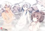  3girls ahoge breast_hold breasts brown_eyes brown_hair cherry_blossoms commentary_request crossed_arms eyebrows_visible_through_hair flat_chest grey_eyes grey_hair groin hair_between_eyes hair_censor kantai_collection kiyoshimo_(kantai_collection) large_breasts long_hair multiple_girls musashi_(kantai_collection) navel onsen open_mouth partially_submerged petals petals_on_liquid red_eyes rock sidelocks silver_hair smile souji water yamato_(kantai_collection) 