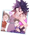 2boys 2girls :o arms_behind_back bangs bare_arms bare_shoulders belt black_eyes black_hair blue_border blue_shirt border breasts cabba caulifla collarbone crop_top crossed_arms d89im dark_skin dragon_ball dragon_ball_super earrings expressionless eyebrows_visible_through_hair eyelashes frown half-closed_eyes hand_in_hair hand_on_hip high_ponytail hit_(dragon_ball) jewelry kale_(dragon_ball) leaning leaning_to_the_side looking_at_viewer looking_back medium_breasts midriff multiple_boys multiple_girls navel outside_border pants ponytail purple_pants red_eyes shirt short_sleeves sideboob simple_background spiked_hair strapless striped teeth tubetop upper_teeth v-shaped_eyebrows white_background wristband 
