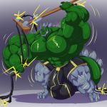  1:1 anthro balls big_balls big_bulge big_muscles big_penis bobert bulge clothing cybernetics cyborg docodile dragon electricity electricity_spark genitals hi_res holding_object huge_balls huge_bulge huge_muscles huge_penis hyper hyper_balls hyper_bulge hyper_genitalia hyper_muscles hyper_penis looking_at_viewer machine male muscular penis power_cable severed_cable smile transmission_power underwear 