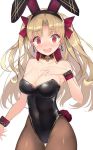  1girl alternate_costume animal_ears bangs blonde_hair blush breasts brown_legwear bunny_ears bunny_tail bunnysuit earrings ereshkigal_(fate/grand_order) eyebrows_visible_through_hair fake_animal_ears fate/grand_order fate_(series) hair_ribbon hand_on_own_chest jewelry large_breasts leotard long_hair open_mouth red_eyes ribbon simple_background skull solo tail two_side_up white_background wrist_cuffs yuzuruka_(bougainvillea) 