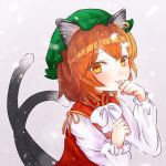  1girl animal_ears bow bowtie brown_hair cat_ears cat_tail chen eyebrows_visible_through_hair green_headwear hat jewelry long_sleeves looking_at_viewer mob_cap multiple_tails nekomata paw_pose red_vest ribbon shirt short_hair single_earring solo tail touhou two_tails usamata_nozomi vest white_bow white_neckwear white_ribbon white_shirt yellow_ribbon 