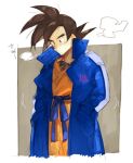  1boy =3 belt black_eyes black_hair black_shirt blue_coat border breath clothes_writing coat cropped_legs d89im dougi dragon_ball dragon_ball_super_broly frown grey_background hands_in_pockets head_tilt high_collar looking_down male_focus open_clothes open_coat pout shirt simple_background son_gokuu speed_lines spiked_hair standing white_border winter winter_clothes winter_coat 