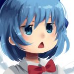  1girl bangs blue_eyes blue_hair boa_(brianoa) bow bowtie cirno close-up dot_nose face jitome miyauchi_renge no_lineart non_non_biyori open_mouth portrait red_bow red_neckwear short_hair solo touhou transparent_background triangle_mouth v-shaped_eyebrows wing_collar 