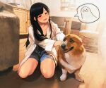  1girl animal black_hair chair commentary dog highres indoors long_hair long_shirt morifumi original seal_(animal) short_shorts shorts speech_bubble squatting table welsh_corgi 