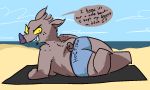  5:3 anthro beach bottomwear breasts brown_body butt clothed clothing dialogue female hair looking_at_viewer mammal seaside simple_background slightly_chubby solo suina talking_to_viewer text the_weaver topless yellow_sclera 