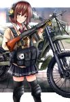  1girl absurdres assault_rifle bangs battle_rifle black_legwear black_skirt blurry blurry_background bright_pupils brown_eyes brown_hair card closed_mouth commentary day depth_of_field double_horizontal_stripe dress_shirt gloves green_gloves ground_vehicle gun harness headphones highres holding holding_gun holding_weapon howa_type_64 huge_filesize kawasaki_klx250 kk90 knee_pads looking_at_viewer miniskirt motor_vehicle motorcycle necktie original outdoors outside_border playing_card pleated_skirt red_neckwear rifle shirt short_hair skindentation skirt smile solo standing sweater tactical_clothes thighhighs weapon white_pupils white_shirt white_sweater wing_collar zettai_ryouiki 