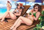  3girls aerith_gainsborough back beach beach_chair bikini bikini_top black_hair bracelet breasts brown_eyes brown_hair bubble_tea bubble_tea_challenge cleavage drinking_straw exlic final_fantasy final_fantasy_vii flower_bracelet food innertube jewelry long_hair multiple_girls navel popsicle reclining short_hair short_shorts shorts side-tie_bikini sitting stomach strap_slip sunglasses swimsuit tifa_lockhart very_long_hair yuffie_kisaragi 