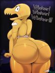  2020 absurd_res angry animate_inanimate anthro big_butt blush breasts butt digital_media_(artwork) english_text female hi_res huge_butt looking_at_viewer looking_back mad_dummy miso_souperstar open_mouth side_boob text thick_thighs undertale video_games 