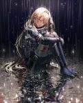  1girl an-94_(girls_frontline) bandaged_leg bandages bangs blonde_hair blood blood_on_face bloody_clothes bloody_hair blue_eyes full_body girls_frontline hairband long_hair open_mouth rain silence_girl sitting solo tactical_clothes tearing_up tears torn_clothes water wet 