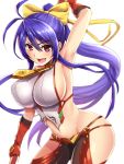  1girl bangs behind_back between_breasts blazblue blazblue_remix_heart blue_hair bow breasts commentary cowboy_shot eyebrows_visible_through_hair fingerless_gloves gloves hair_bow holding holding_staff large_breasts long_hair looking_at_viewer lowleg lowleg_pants mai_natsume masa_tarou medallion navel object_behind_back open_mouth pants ponytail purple_eyes red_gloves revealing_clothes side_cutout sidelocks simple_background smile solo staff standing swept_bangs very_long_hair white_background yellow_bow 