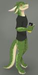 2020 3_toes anthro black_eyes bottomless can clothed clothing dragon featureless_crotch green_body green_scales grey_background hi_res holding_object horn lizardlars looking_at_viewer male red_sclera scales scalie shirt simple_background solo spitey standing t-shirt toes topwear 
