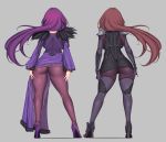  2girls ass aster_crowley back bodysuit breasts dress fate/grand_order fate_(series) full_body grey_background highres large_breasts legs long_hair multiple_girls pantyhose purple_bodysuit purple_dress purple_hair scathach_(fate)_(all) scathach_(fate/grand_order) scathach_skadi_(fate/grand_order) simple_background thighs 