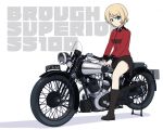  1girl absurdres bangs black_footwear black_skirt blonde_hair blue_eyes boots braid brough_superior closed_mouth commentary country_connection darjeeling_(girls_und_panzer) epaulettes eyebrows_visible_through_hair girls_und_panzer ground_vehicle highres jacket kano_(nakanotakahiro1029) long_sleeves looking_at_viewer military military_uniform miniskirt motor_vehicle motorcycle pleated_skirt red_jacket shadow short_hair simple_background sitting skirt smile solo st._gloriana&#039;s_military_uniform tied_hair twin_braids uniform white_background 