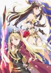  2girls armlet asymmetrical_legwear asymmetrical_sleeves bangs between_breasts bikini black_bow black_dress black_hair blonde_hair blue_background blush bow breasts bridal_gauntlets cape detached_collar dress earrings ereshkigal_(fate/grand_order) fate/grand_order fate_(series) gold_trim gradient gradient_background hair_bow heavenly_boat_maanna hoop_earrings infinity ishtar_(fate)_(all) ishtar_(fate/grand_order) jewelry long_hair long_sleeves looking_at_viewer meslamtaea_(weapon) multiple_girls neck_ring necklace parted_bangs pelvic_curtain pendant polearm red_bow red_cape red_eyes siblings single_sleeve single_thighhigh sisters skull smile spear spine swimsuit thighhighs tiara two_side_up weapon white_bikini yishan 