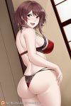  1girl aslindsamure ass back bangs banned_artist bare_shoulders blush bra breasts brown_hair butt_crack fang girls_frontline highres lace lace-trimmed_bra lace-trimmed_panties large_breasts looking_at_viewer looking_back open_mouth panties pm-06_(girls_frontline) red_bra red_eyes red_panties short_hair smile solo swept_bangs thighs underwear 