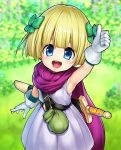  1girl arm_up armpits belt blonde_hair bow child cloak dragon_quest dragon_quest_v dress endou_hiroto gloves hair_bow hero&#039;s_daughter_(dq5) highres looking_at_viewer open_mouth outdoors pouch purple_cloak ribbon sheath sheathed short_hair sleeveless sleeveless_dress smile solo sword thumbs_up upper_body weapon white_dress white_gloves 