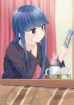  1girl :t bangs black_shirt blue_hair blurry blurry_background blush cellphone closed_mouth collarbone commentary_request cup curtains depth_of_field eyebrows_visible_through_hair fingernails head_in_hand holding holding_cellphone holding_phone indoors kotatsu long_hair long_sleeves looking_at_phone looking_away miri_(ago550421) mug phone pink_nails purple_eyes shima_rin shirt smile solo table tissue_box yurucamp 