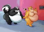  ambiguous_gender belly big_belly cheetah duo featherhead felid feline female mammal mephitid morbidly_obese nude obese overweight overweight_female skunk standing walking 