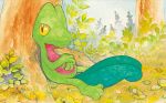  creature day full_body gen_3_pokemon grass leaf no_humans official_art outdoors pokemon pokemon_(creature) pokemon_trading_card_game sekio sitting sitting_on_ground slit_pupils solo third-party_source tree treecko yellow_eyes 