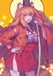  absurdres animal_ears brown_headwear fangs fate/extra fate/extra_ccc fate/extra_ccc_fox_tail fate/grand_order fate_(series) fox_ears fox_girl fox_tail freckles hat highres holding holding_sword holding_weapon jacket katana long_sleeves no_panties orange_background orange_hair pleated_skirt red_jacket red_ribbon red_scrunchie red_skirt ribbon scrunchie shirt skirt smile suzuka_gozen_(fate) sword tail weapon white_shirt wide_sleeves wiltedattention yellow_eyes 