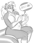  anthro belly big_breasts breasts claws digital_media_(artwork) female fur hair hi_res mammal mephitid monochrome nicnak044 pose pregnant skunk solo taki whiskers white_hair 