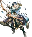  1boy alternate_costume arrow belt blue_eyes blue_hair boots bow_(weapon) chrom_(fire_emblem) fire_emblem fire_emblem_awakening fire_emblem_heroes full_body fur_trim gloves highres hino_shinnosuke official_art one_eye_closed quiver solo teeth tiara torn_clothes transparent_background weapon 