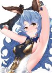  1girl animal_ears armpits arms_behind_head arms_up backless_dress backless_outfit bangs bare_shoulders black_gloves blue_hair blush breasts bunny_ears dress elbow_gloves erune ferry_(granblue_fantasy) gloves granblue_fantasy highres jewelry long_hair looking_at_viewer saru_(pixiv13751598) sideboob simple_background single_earring small_breasts solo wavy_hair white_background yellow_eyes 