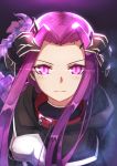  &gt;:( 1girl announ_(kurotya) bangs black_cloak bow braid broken cloak closed_mouth collar commentary_request fate/grand_order fate_(series) floating_hair forehead glowing glowing_eyes hair_bow highres hood hood_down hooded_cloak light_frown long_hair looking_at_viewer medusa_(lancer)_(fate) parted_bangs purple_bow purple_eyes purple_hair rectangular_pupils red_collar rider sidelocks v-shaped_eyebrows very_long_hair 