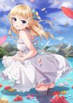  1girl absurdres back_bow bare_arms bare_shoulders blonde_hair blue_eyes blurry blurry_background blush bow breasts cloud cloudy_sky commentary_request double_bun dress dress_lift eyebrows_visible_through_hair frilled_dress frills green_hair hair_between_eyes hair_ribbon highres lake looking_at_viewer looking_to_the_side medium_hair mountain open_mouth original petals ribbon siooooono sky small_breasts solo sparkle sundress wading water_drop white_dress wing_hair_ornament 