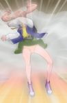  1girl belt brown_hair covering_face full_body green_skirt haruyama_kazunori healin&#039;_good_precure hiramitsu_hinata jacket legs long_sleeves panties pink_footwear precure shirt shoes short_hair skirt solo striped striped_panties twintails underwear yellow_shirt 