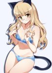  1girl animal_ears blonde_hair blue_bra blue_panties bow bow_bra bow_panties bra breasts cat_ears cat_tail glasses groin highres holding holding_hair lace lace-trimmed_bra lace-trimmed_panties long_hair looking_at_viewer navel paburisiyasu panties parted_lips perrine_h_clostermann pointing pointing_up rimless_eyewear small_breasts solo strike_witches tail underwear underwear_only wavy_hair white_background world_witches_series yellow_eyes 