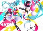  1girl 39 aqua_bow aqua_eyes aqua_hair balloon bare_shoulders black_hair black_sleeves bow bowtie character_name commentary confetti cube detached_sleeves dress frilled_skirt frills full_body hair_ornament hair_ribbon hatsune_miku headphones holding_microphone_stand kikori70796699 knees_up long_hair loudspeaker magical_mirai_(vocaloid) microphone_stand outstretched_arm petticoat pink_bow ribbon shoes skirt sleeveless sleeveless_dress smile solo star thighhighs twintails v-shaped_eyebrows very_long_hair vocaloid yellow_bow 