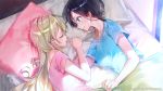  2girls bed black_hair blonde_hair blue_eyes dsmile furutachi_ren hayahoshi_akuru oshi_no_love_yori_koi_no_love short_hair shoujo_ai sleeping waifu2x watermark 