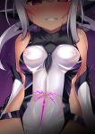 1girl bare_shoulders blush breasts commentary_request corruption covered_nipples dark_persona fate/grand_order fate_(series) hair_ornament kutan long_hair looking_at_viewer medium_breasts miyu_edelfelt red_eyes smile solo twintails white_hair 