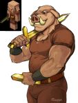  anthro belt bottomwear clothed clothing fonyaa fully_clothed gold_(metal) looking_at_viewer male mammal melee_weapon minecraft muscular muscular_male pants piglin portrait shirt slightly_chubby smile snout suina sword three-quarter_portrait topwear tusks video_games weapon 