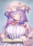  1girl blue_bow book_on_lap bow breasts closed_eyes crescent crescent_moon_pin eyebrows_visible_through_hair facing_viewer fanbox_reward hair_bow hat highres large_breasts long_hair long_sleeves matsuda_(matsukichi) mob_cap paid_reward parted_lips patchouli_knowledge purple_hair red_bow sleeping solo touhou zzz 