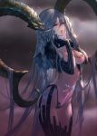  1girl braid breasts cowboy_shot curled_horns fangs fate/grand_order fate_(series) grey_hair hands_up highleg highres long_hair medium_breasts navel no_bra open_mouth pink_eyes pointy_ears revealing_clothes shrug_(clothing) solo stomach striped swd3e2 tiamat_(fate/grand_order) twin_braids very_long_hair 
