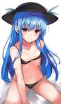  1girl bangs black_bra black_headwear black_panties blue_hair blurry blush bra breasts cleavage closed_mouth collarbone eyebrows_visible_through_hair hair_between_eyes hat hinanawi_tenshi long_hair looking_at_viewer navel panties red_eyes shiny shiny_hair sitting small_breasts smile solo sun_hat touhou underwear underwear_only very_long_hair white_background yuhito_(ablbex) 