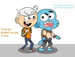  backpack black_eyes blue_body cartoon_network clothing crossover domestic_cat dominicd2009 english_text felid feline felis freckles gumball_watterson hair human lincoln_loud male mammal nickelodeon open_mouth teeth text the_amazing_world_of_gumball the_loud_house walking white_hair young 