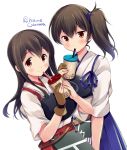  2girls akagi_(kantai_collection) bangs blue_hakama brown_eyes brown_gloves brown_hair bubble_tea closed_mouth commentary cup disposable_cup drinking gloves hair_tie hakama hakama_skirt holding holding_cup japanese_clothes kaga_(kantai_collection) kantai_collection long_hair looking_at_viewer multiple_girls muneate odawara_hakone red_hakama shirt short_sleeves side_ponytail simple_background single_glove smile standing straight_hair twintails white_background white_shirt 