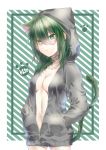  1girl alternate_costume blush breasts cat cat_tail collar eyebrows_visible_through_hair green_eyes green_hair hair_between_eyes heterochromia highres hood hoodie kantai_collection kiso_(kantai_collection) large_breasts long_hair looking_at_viewer naked_hoodie open_mouth paw_background solo striped striped_background tail yuihira_asu 