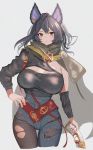  1girl 360_(pixiv47196062) absurdres animal_ears asymmetrical_clothes bangs belt black_hair black_legwear black_shirt blue_pants blush breasts buttons capelet cleavage cleavage_cutout cloak denim ear_piercing erune granblue_fantasy green_capelet gun hair_between_eyes hand_on_hip high-waist_pants highres ilsa_(granblue_fantasy) jeans large_breasts long_hair long_sleeves looking_at_viewer pants pantyhose piercing red_eyes shirt single_pantsleg solo thighs torn_clothes torn_jeans torn_legwear torn_pants weapon 