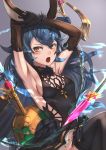  1girl animal_ears announ_(kurotya) armpits arms_up bangs bare_shoulders black_dress black_gloves black_legwear blue_hair blush breasts brown_eyes brown_sleeves commentary_request detached_sleeves dress ear_piercing erune ferry_(granblue_fantasy) gloves glowing granblue_fantasy grey_background hair_between_eyes hair_ornament highres holding long_hair long_sleeves open_mouth piercing pleated_dress sideboob simple_background sleeveless sleeveless_dress small_breasts solo thighhighs v-shaped_eyebrows very_long_hair x_hair_ornament 