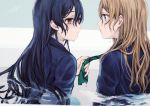  2girls ayase_eli blonde_hair blue_eyes blue_hair commentary_request highres long_hair long_sleeves looking_at_another love_live! love_live!_school_idol_project multiple_girls otonokizaka_school_uniform ponytail school_uniform sonoda_umi striped striped_neckwear suito wet wet_clothes wet_hair yellow_eyes 