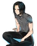  1boy akatsuki_(akatsuki_blitzkampf) akatsuki_blitzkampf belt black_eyes black_hair black_pants casual grey_shirt hair_intakes ishitsuki_merokoa male_focus medium_hair pants shirt short_hair sitting solo t-shirt 