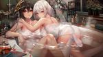  2girls ass azur_lane bangs bath black_hair blush breasts cleavage closed_mouth collarbone commentary_request eyebrows_visible_through_hair from_behind hair_between_eyes hair_ribbon highres indoors large_breasts long_hair looking_at_viewer looking_back mask mask_on_head multiple_girls naked_towel open_mouth partially_submerged red_eyes ribbon short_hair sirius_(azur_lane) smile striped striped_ribbon taihou_(azur_lane) thighhighs tied_hair towel twintails very_long_hair water wet wet_towel white_hair white_legwear zjsstc 