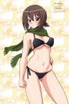  1girl artist_name bangs bikini black_bikini breasts brown_eyes brown_hair cleavage closed_mouth commentary cowboy_shot dated eyebrows_visible_through_hair fringe_trim girls_und_panzer green_scarf hand_on_hip light_frown looking_at_viewer matsui_yasutsugu medium_breasts navel nishizumi_maho scarf short_hair side-tie_bikini signature solo standing string_bikini swimsuit 