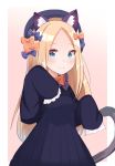  1girl :3 abigail_williams_(fate/grand_order) absurdres animal_ears aqua_eyes black_dress black_headwear blonde_hair bow bowtie cat_ears cat_tail chorome112 dress fate/grand_order fate_(series) forehead gradient gradient_background hair_bow highres kemonomimi_mode long_hair looking_at_viewer multiple_hair_bows orange_bow paw_pose polka_dot polka_dot_bow sleeves_past_wrists solo standing tail 